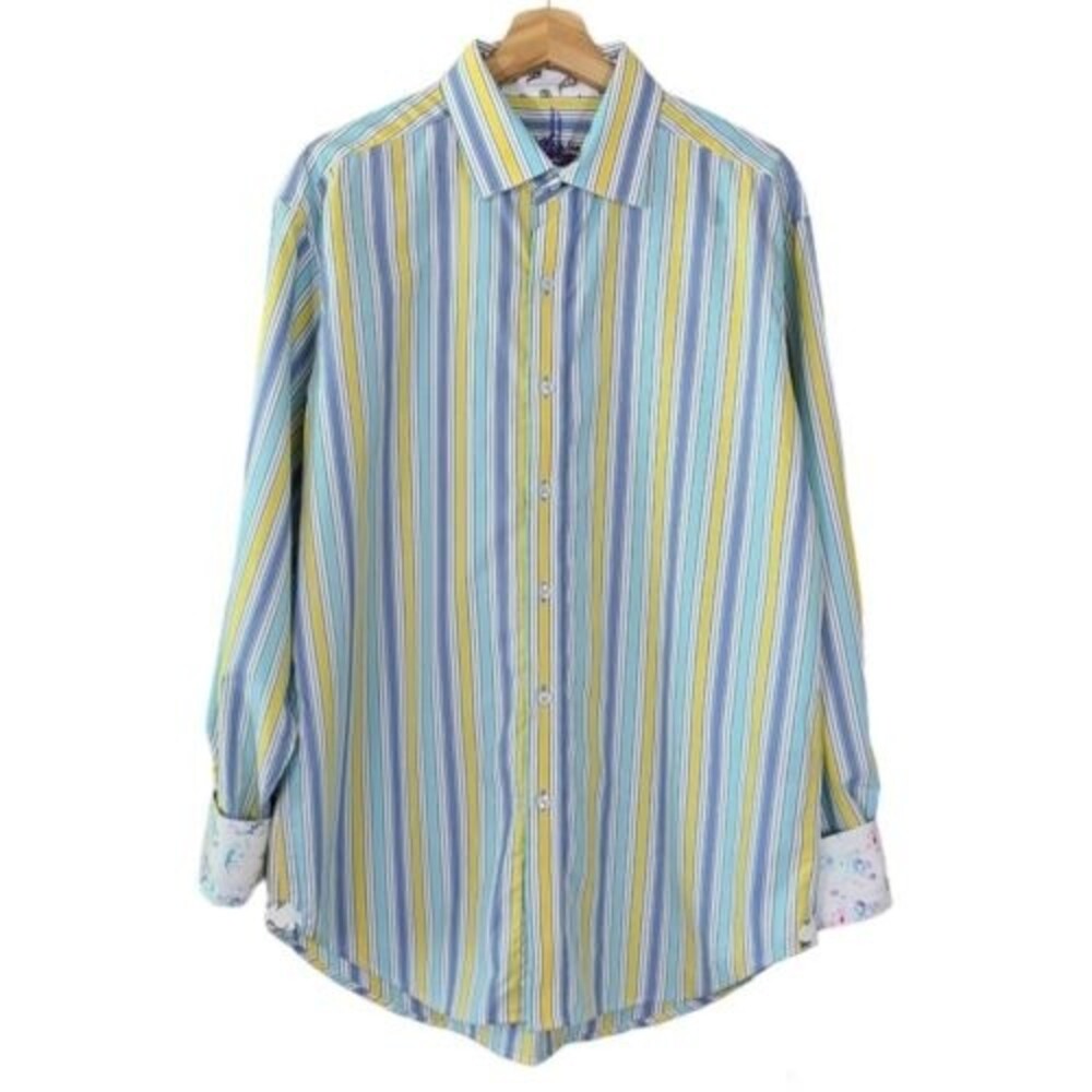Robert Graham Yellow And Blue Striped Button Down Shirt Mens Size Large